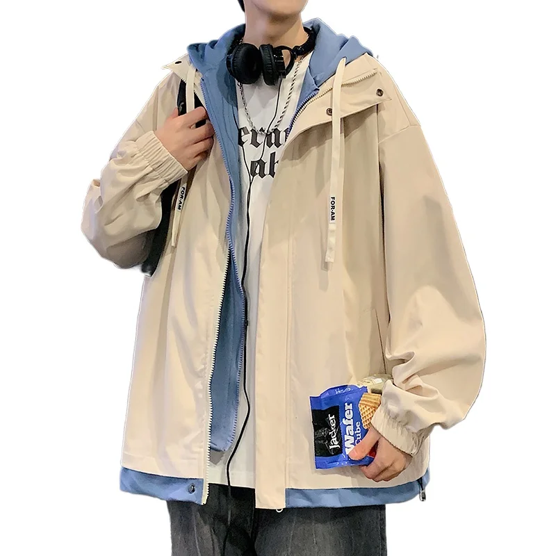 

Модная мужская куртка с капюшоном, свободная однотонная повседневная верхняя одежда на весну и осень, удобный двухсекционный топ с макетом
