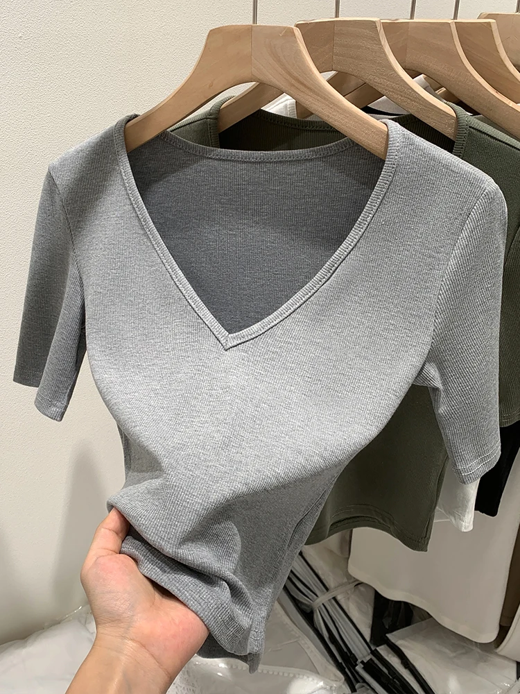 Slimming Short Sleeve V-Neck T-Shirt Women's Summer New Style Fashionable Korean Version Threaded Top Commute Style Pure Color
