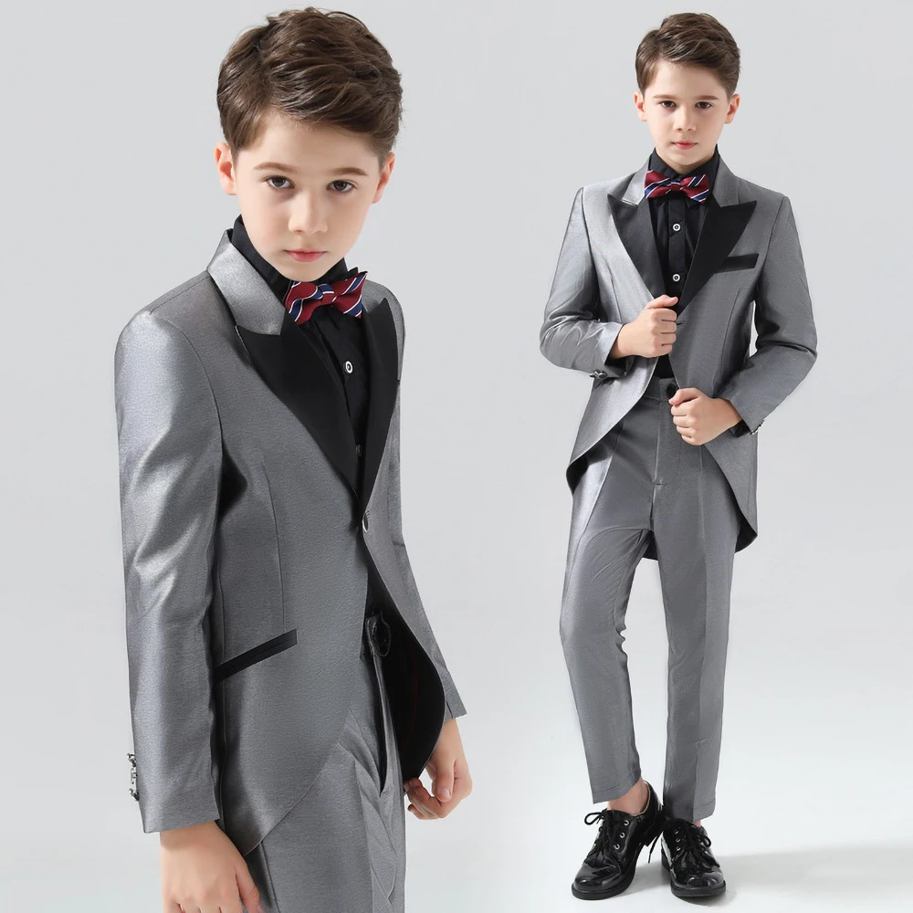 Boy Suits 2 Piece Chic Peak Lapel Satin Wedding Party Tailcoats Elegant One Button Performance Graduation Fashion Kids Clothes