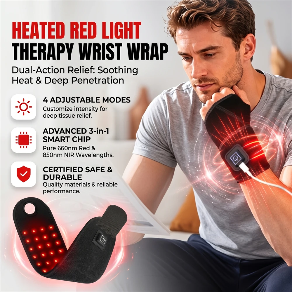 

Red & Near Infrared Light Wrist Wrap Device 6-Level Light 4-Level Vibration Massage Wearable Hand Relaxer for Comfort & Recovery