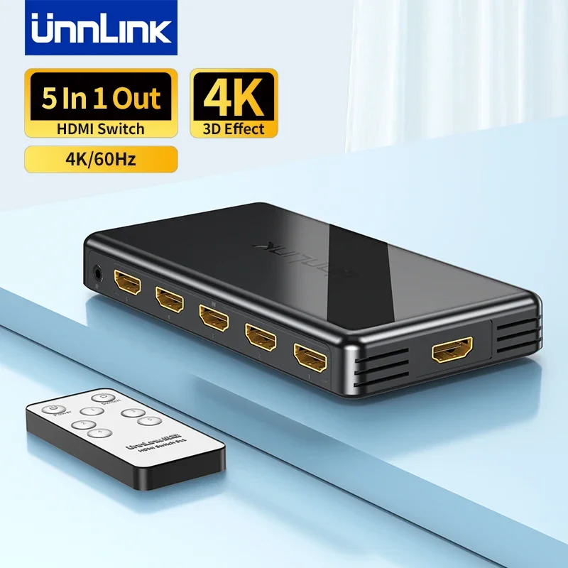 Unnlink 4K 60Hz HDMI-Switch 5x1 3x1 Video-Umschalter 5/3 In 1 Out mit IR-Entferner für TV-Box PS4/5 Xbox PC zu TV-Monitor-Projektor