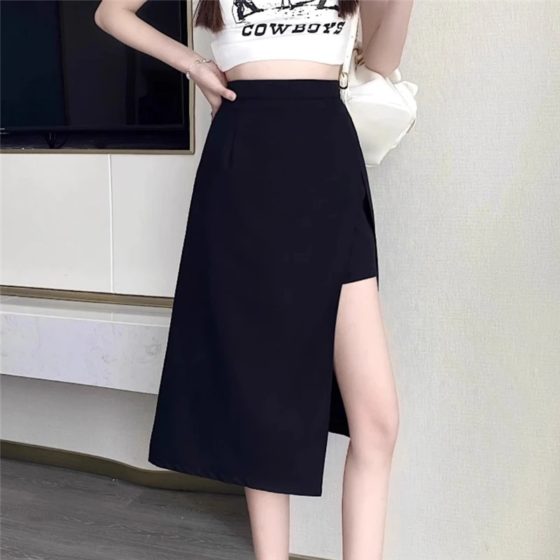 Black Irregular Slit Skirt for Women Summer Mid-length A-line 2023 New High Waist Hip Skirt Harajuku Vintage Women Clothing