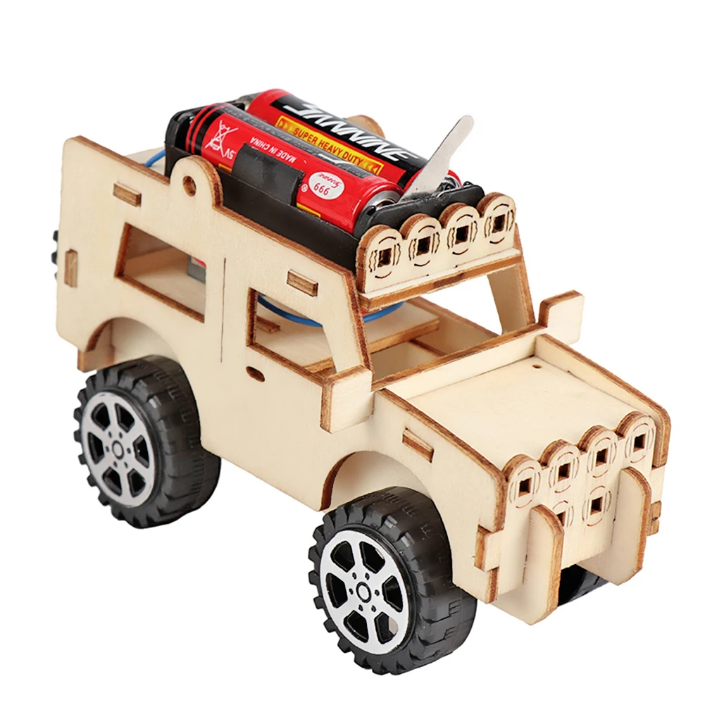 DIY Electric Jeep Model Kits Green Wood Kids Teaching Student Children Scientific Experiment Vehicle Educational Toy for 3-5Year