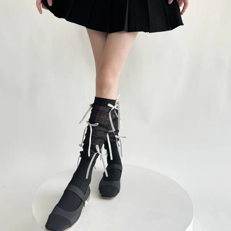 

Летние женские гольфы выше колена с лентой и бантом в балетном стиле, весенне-осенние нишевые лоскутные носки в студенческом стилеjkSweet Little Pile