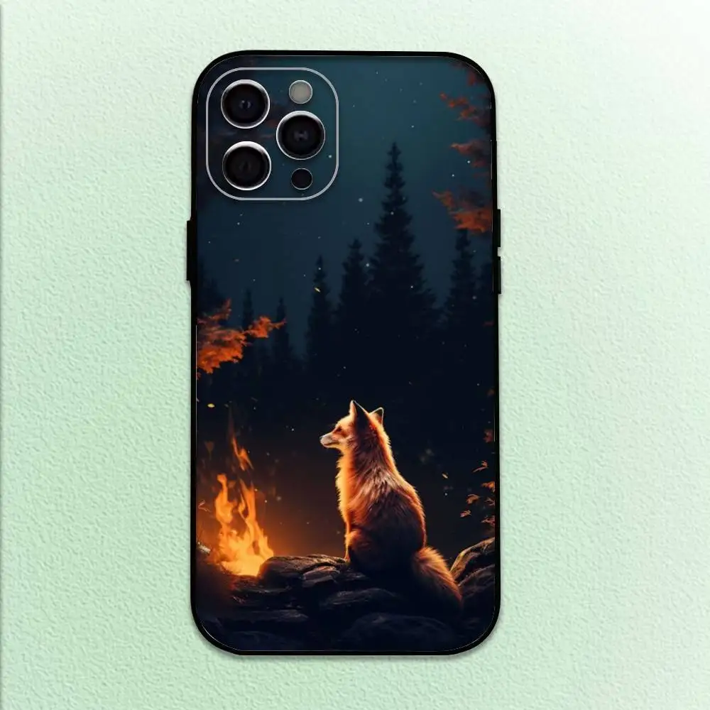 حافظة هاتف كارتون فوكس لطيفة لهاتف آيفون 17،16،15،14،13،12،11 بلس، برو ماكس غطاء أسود ناعم