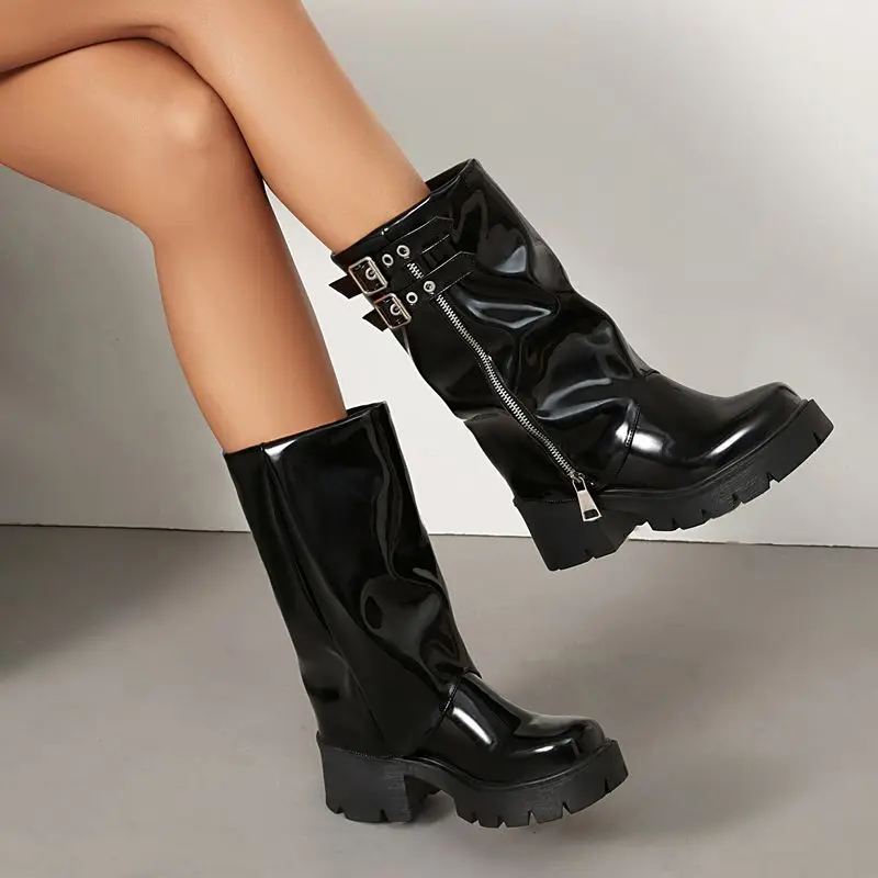 ORCHA LISA Fashion Punk Women's Mid Calf Boots Round Toe 6cm Thick Heel Platform Zipper Black Big Size 43 Spring Autumn Casual