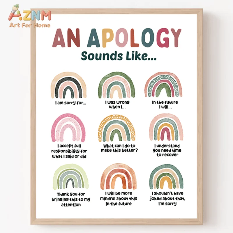 AZNM Soft Watercolor Rainbow Apology Phrase Canvas Wall Art Positive Emotional Therapy Counselor Classroom Unframed Canvas Decor