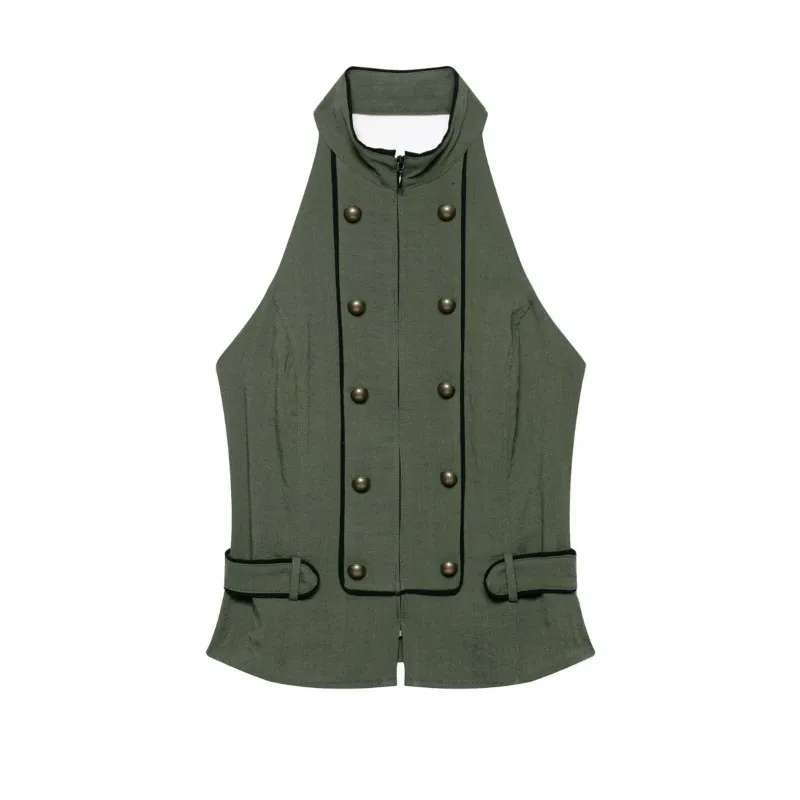 Women's Halter Backless Tops New 2026 Summer Fashion Women Backless Double-Breasted Zipper Tank Top Solid Color Female Tops