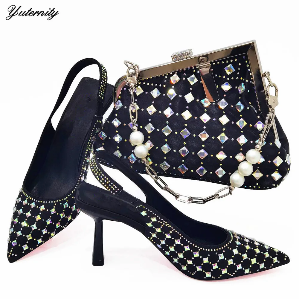 

Latest Design Italian PU With Rhinestone Women Shoes And Purse Set African Style Pumps Shoes With Bag Set For Party