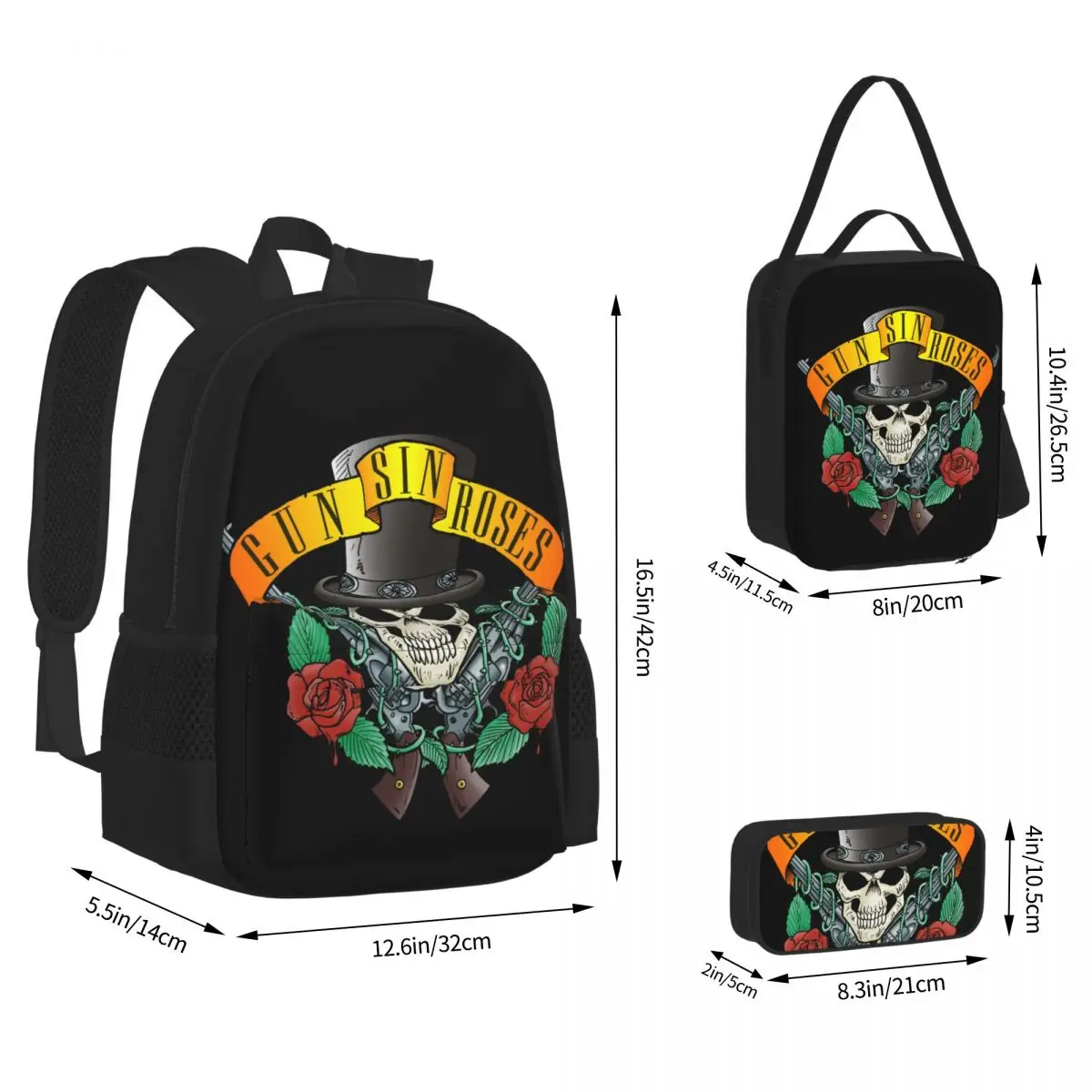 Waffen n Rose Gnr Logo Steampunk Musik Rucksack Jungen Mädchen Bücher tasche Studenten Schult aschen Rucksack Lunch Bag Stift Tasche dreiteiliges Set