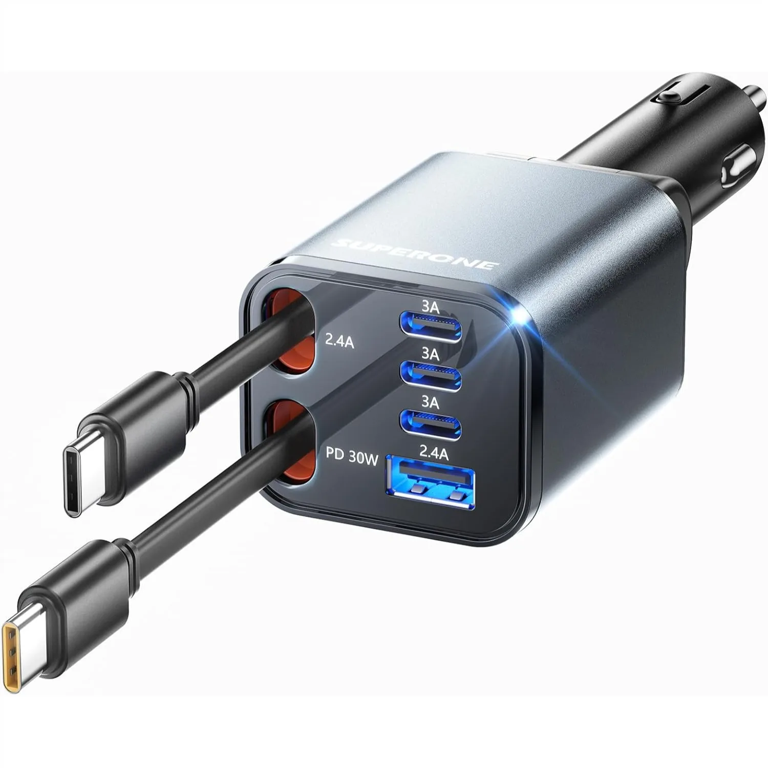 

Retractable Car Charger, Ultra-Compact 6-Port USB C Fast Charging with Dual Cables for iPhone Series