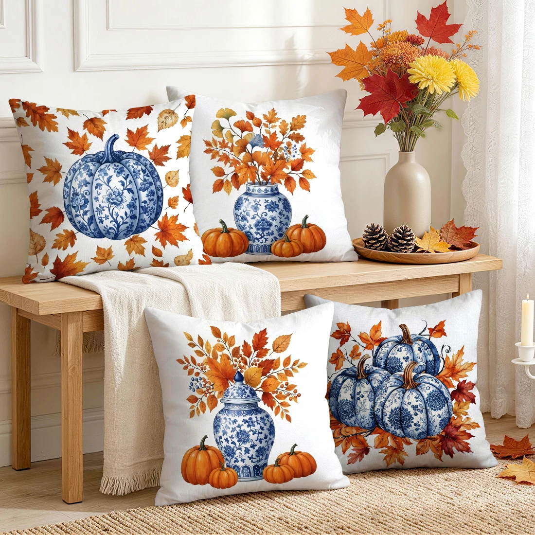 Ceramic Pumpkin Maple Pillowcase Printed Polyester 40/45/50cm Throw Pillowcover Decorative Sofa Cushion Pillowslip Home Decor
