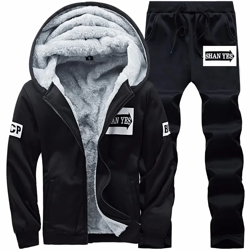 Winter Fleece Tracksuit Men Thick Autumn Mens Casual Print Sports Suit Loose Hooded Hoodies Pants Two Piece Male Sportwears Sets