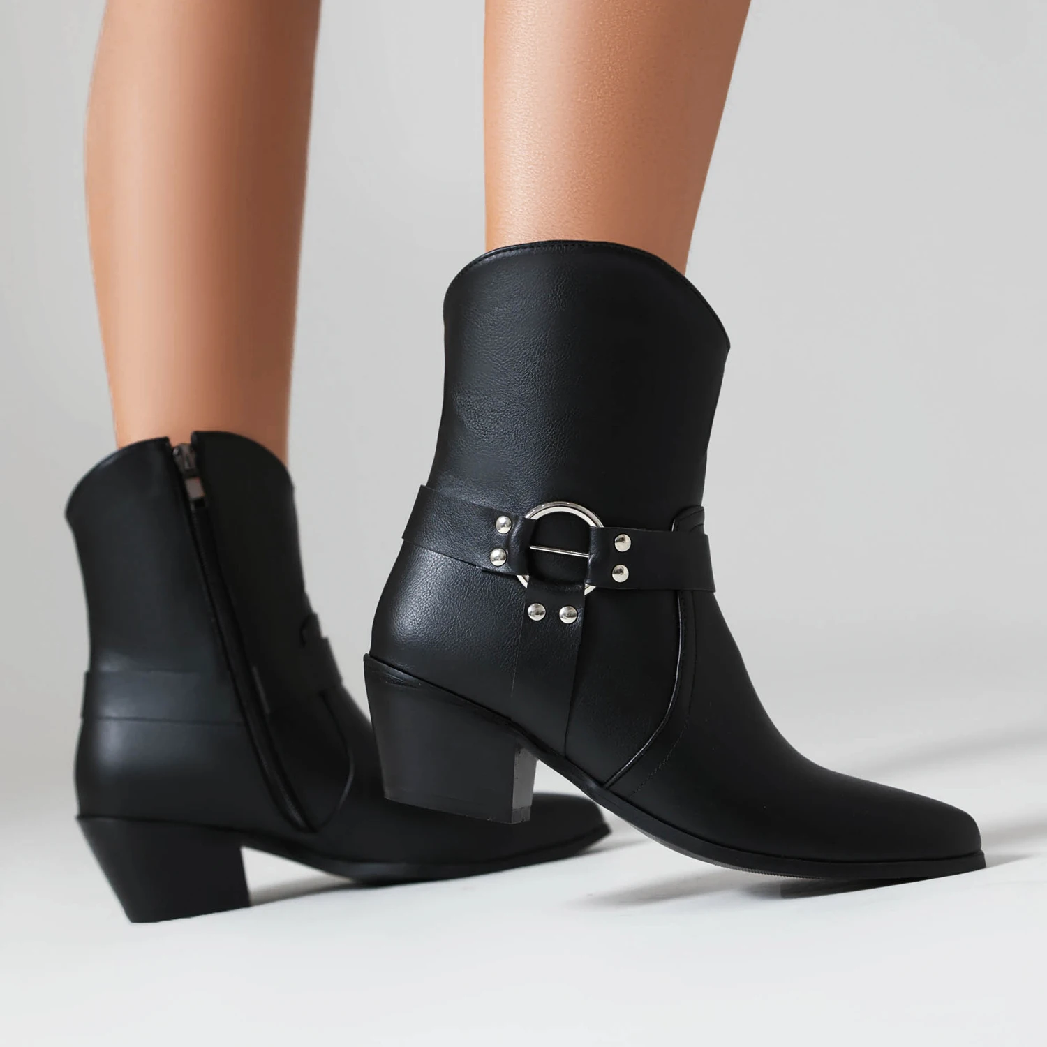 Plus Size Circular Metal Buckle Strap With Wood Grain Thick Heel Classic Vintage Western Boots Zipper Slip Women's Boots