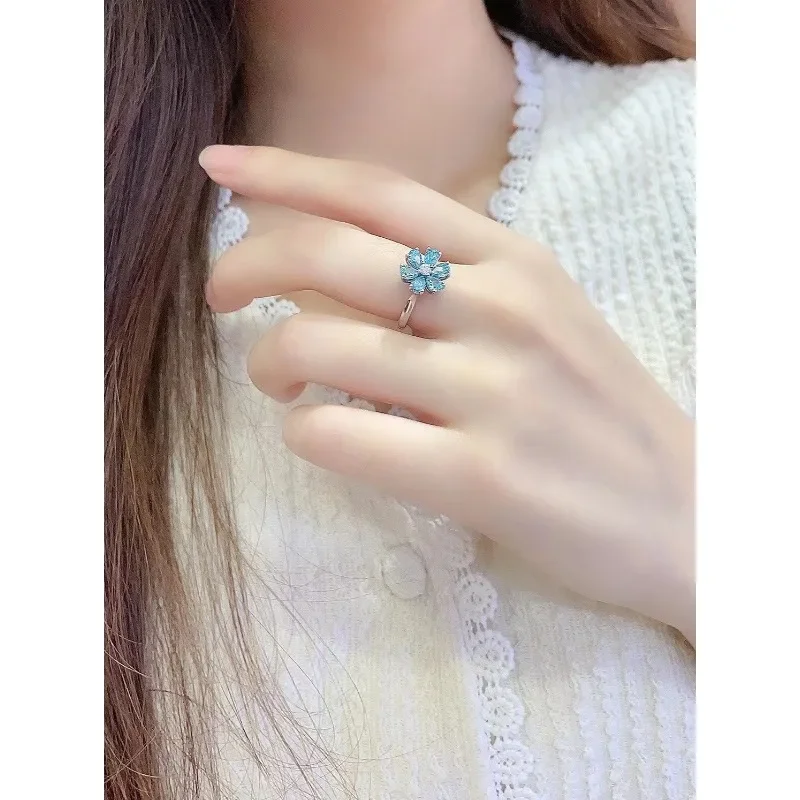 RUIF New Custom 925 Silver Flower Ring Lab Grown Paraiba Sapphire Gems Simulated Diamond Zirconia Women Daily Simple Jewelry