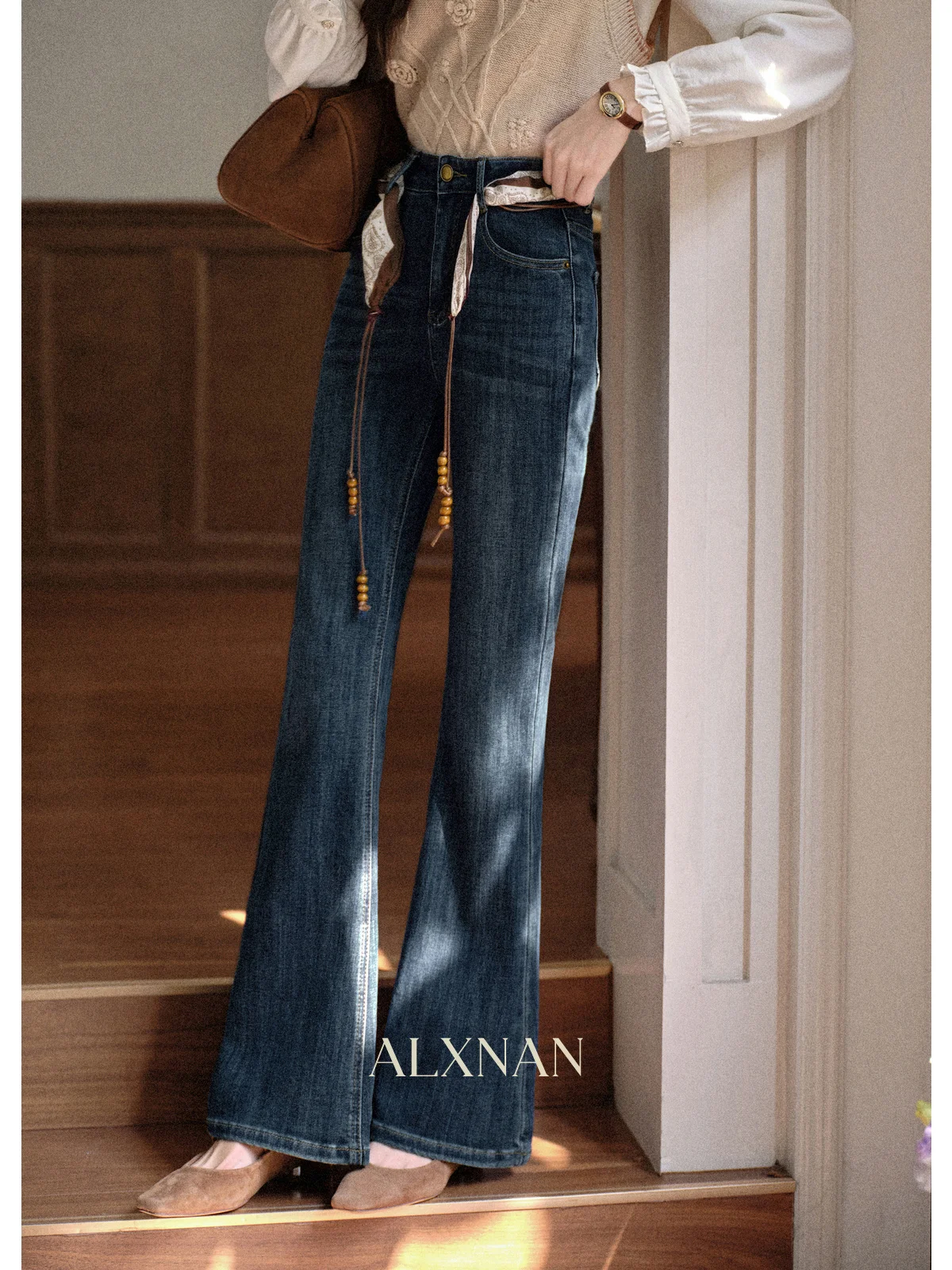 Alxnan vintage azul queimado jeans feminino de cintura alta fino ajuste algodão denim jeans 2025 outono inverno casual calças femininas l57012