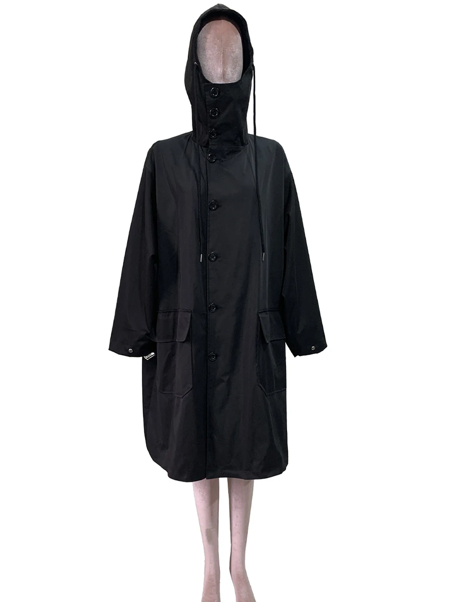 

Lautaro весенне-осеннее длинное ветрозащитное водонепроницаемое черное пальто большого размера с капюшоном на шнурке, роскошная дизайнерская одежда для женщин 2025 плащ женский оверсайз тренч женский длинный