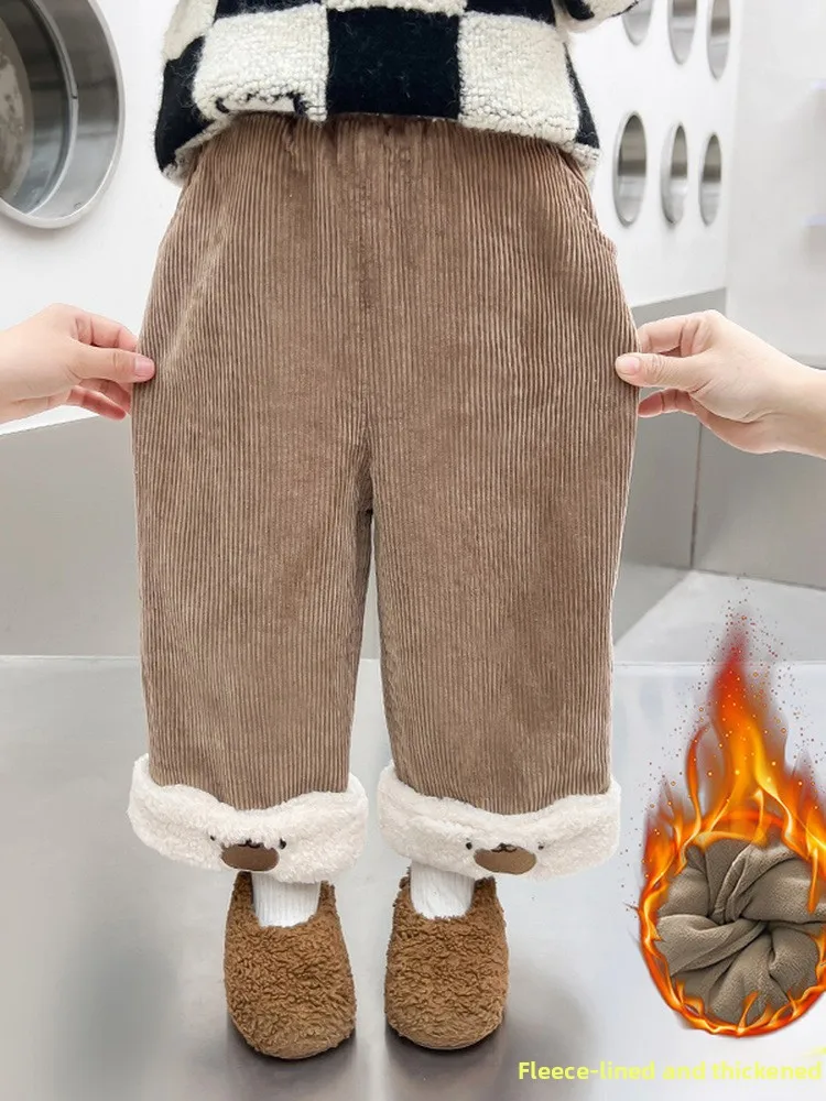 

Детские зимние штаны Thiened Fce, цельные бархатные теплые и свободные брюки с медвежьими ушками для девочек, зимняя мода
