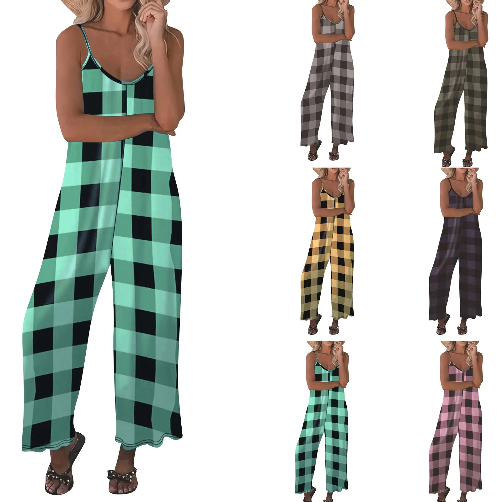 Summer Plaid Print Rompers Women Casual Fashion Regular Suspender Loose Wide Leg Jumpsuits Daily Vacation Commute Comfy Jumpsuit