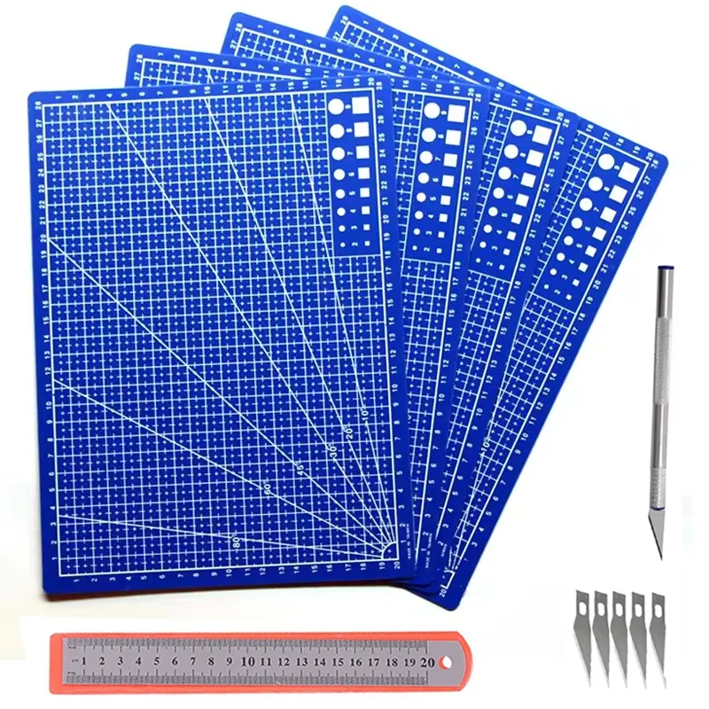 A3/A4/A5 Schneidematte-Set, PVC-Schneidematte mit Universalmesser und Lineal, selbstheilende Schneidematte für Leder, Nähen, DIY-Bastelset