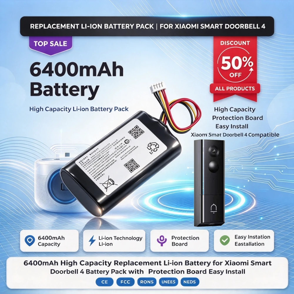 6400mAh High Capacity Replacement Li-ion Battery for Xiaomi Smart Doorbell 4 Battery Pack with Protection Board Easy Install