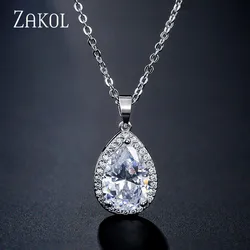 ZAKOL Trendy Tear Drop Zirconia Crystal Chain Necklaces Pendant For Women Wedding Jewelry