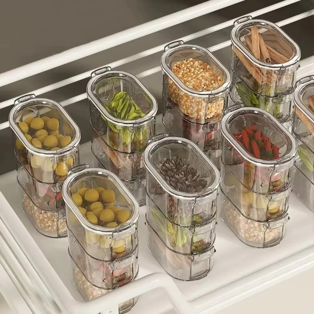 

Многоуровневая (1/3/5 слоев) прозрачная штабелируемая банка для специй и приправ, влагонепроницаемый органайзер большой емкости для соли, специй и пищевых зерновых.