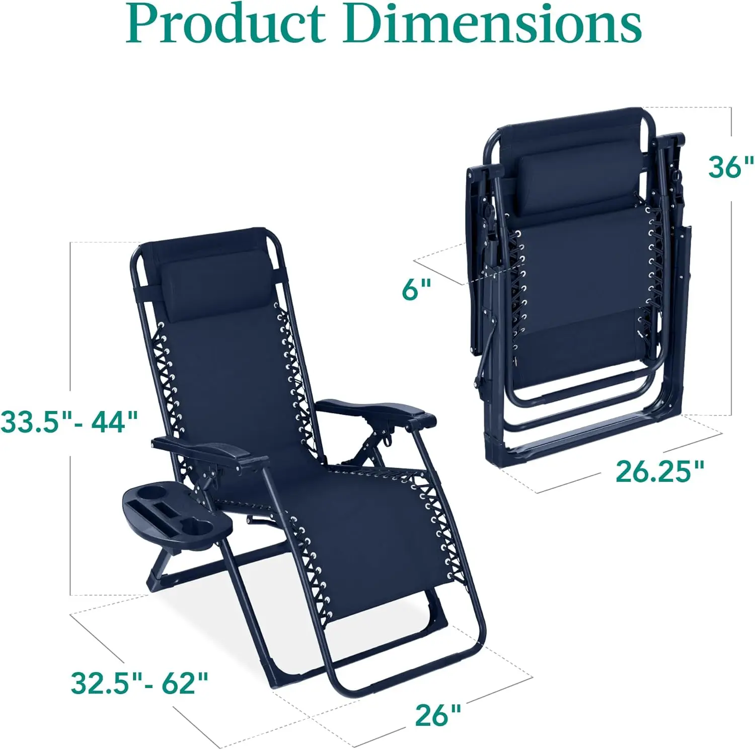 Silla ajustable de gravedad cero, sillón reclinable plegable para patio de color monocromático con bandeja lateral, reposacabezas - Azul marino