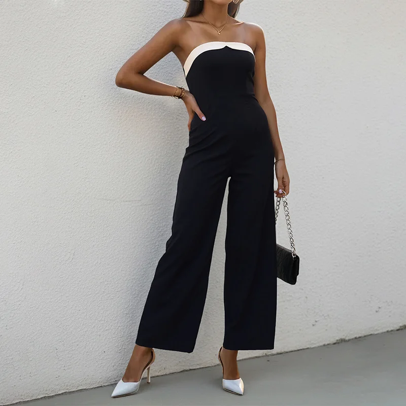 Combinaison d'été pour femmes, pantalon Long en Patchwork de poitrine, tissu mélangé de coton, coupe droite, taille moyenne