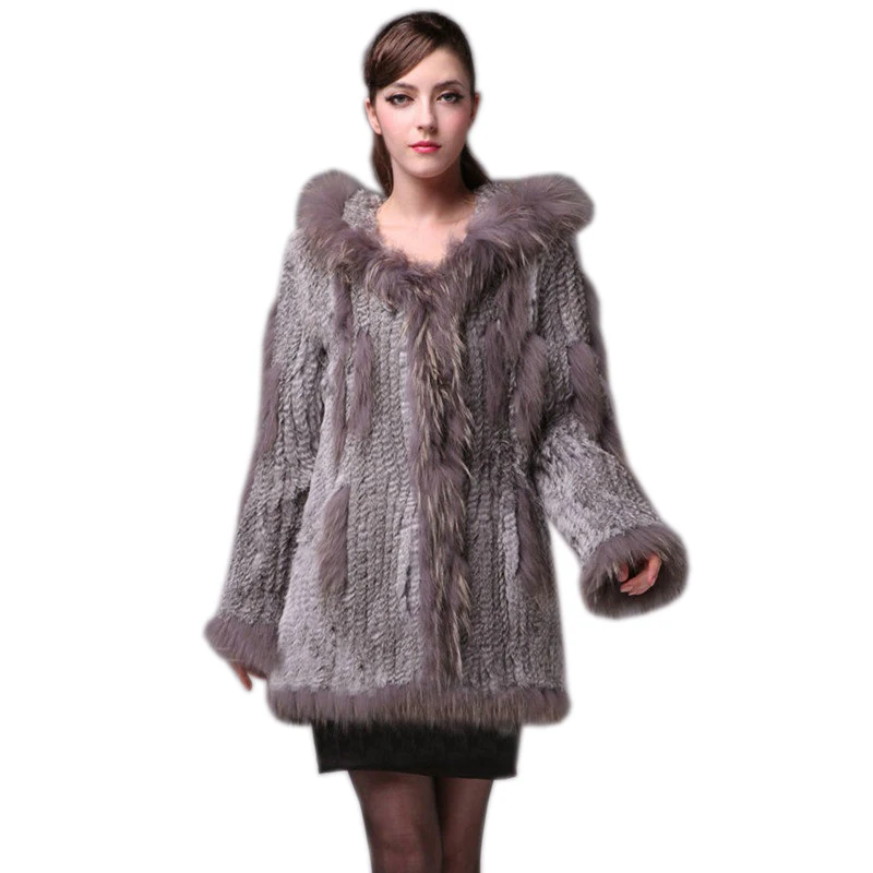 2021 lady knitted Real genuine rabbit fur coat/ jacket/ outwear/Garment with raccoon collar hood women  long with tassels