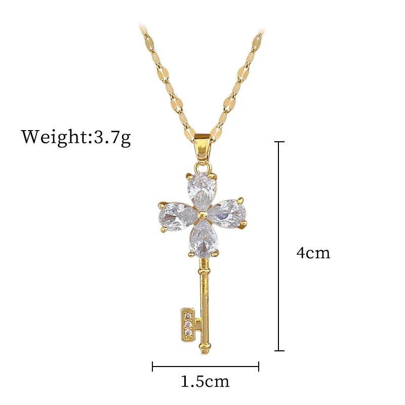 Stainless Steel Chain Classic Shiny Zircon Flower Key Pendant Necklace for Women Lady Vintage Jewelry Accessories Gifts