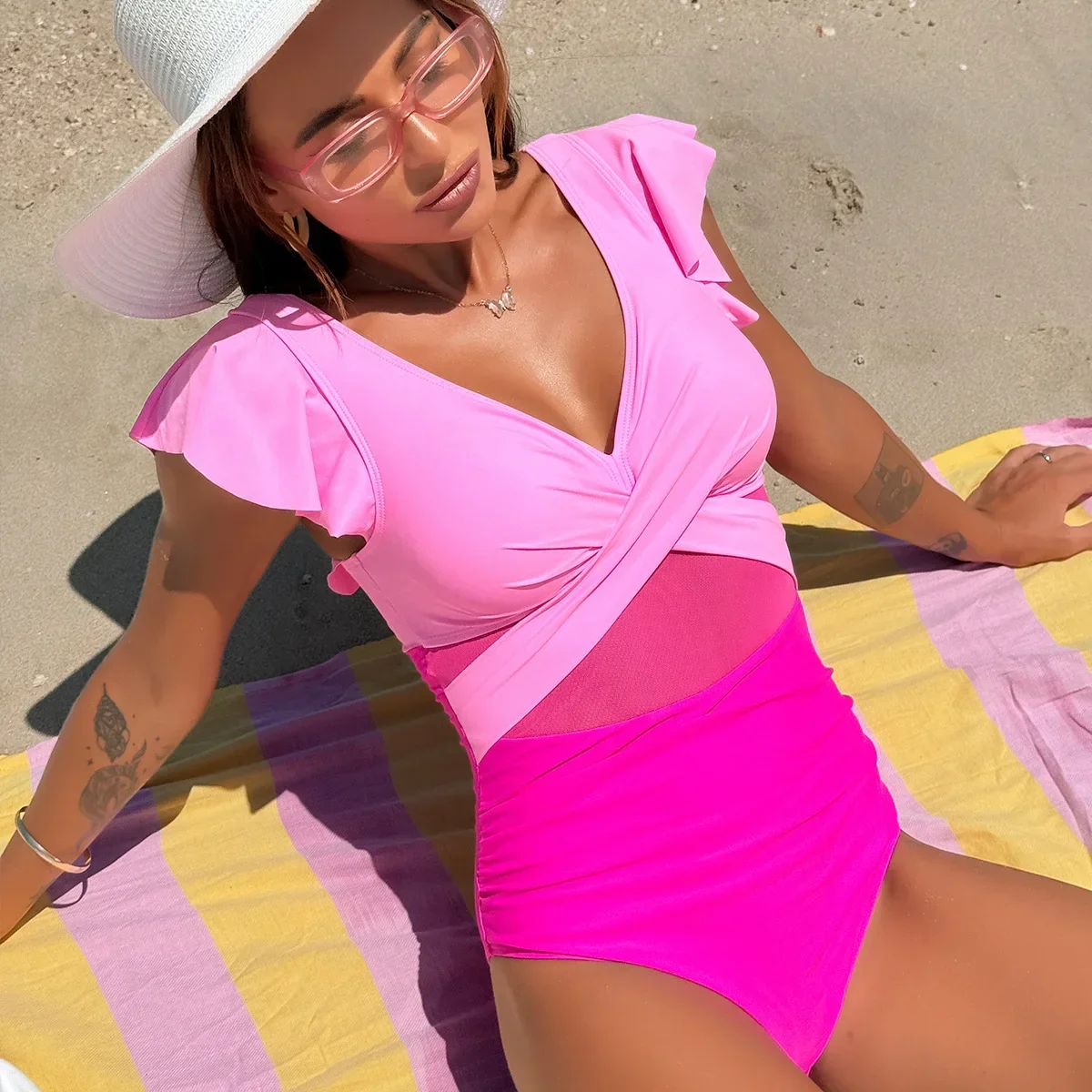 Women's Swimsuit 2024 Trend Tummy Control V Neck Sexy Bikini Ruched Bathing Suits Slim Fit Ruffle Sleeve Swimwear