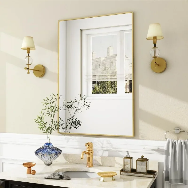 

Wall Mirror 24" x 36" Rectangular Bathroom Mirror with Metal Frame, Hangs Horizontal or Vertical
