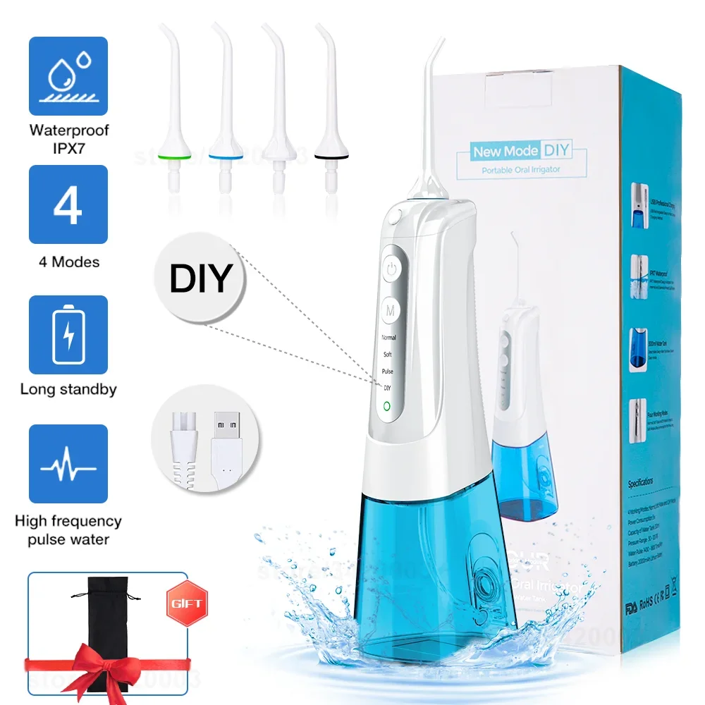 

Cordless Dental Oral Irrigator Dental Portable Water Flosser 4 Modes Waterproof Water Flosser 300ml Big Tank for Home and Travel