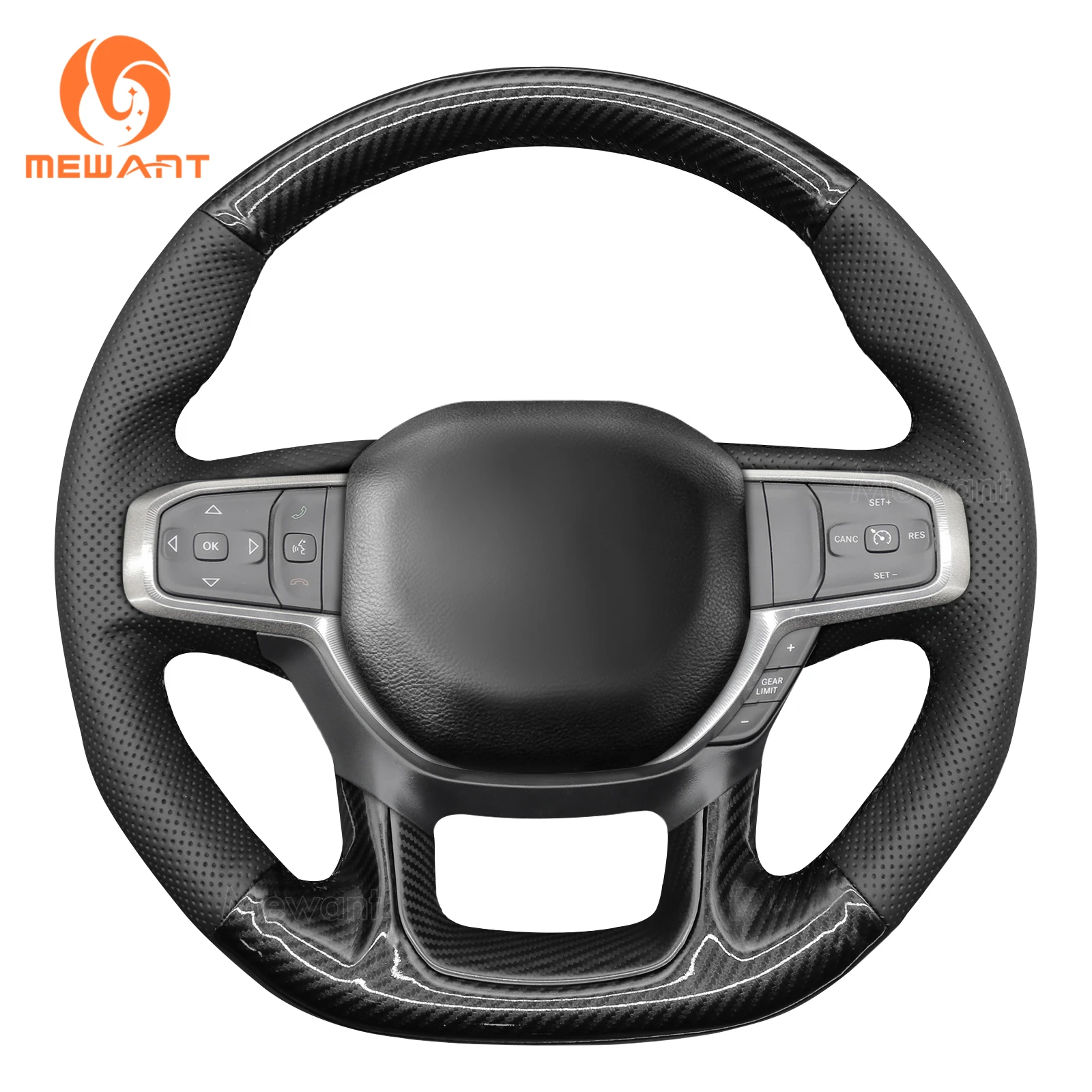 Mewant Carbon Fiber Black Leather Car Steering Wheel Cover for Dodge Ram 1500 TRX 2021-2024