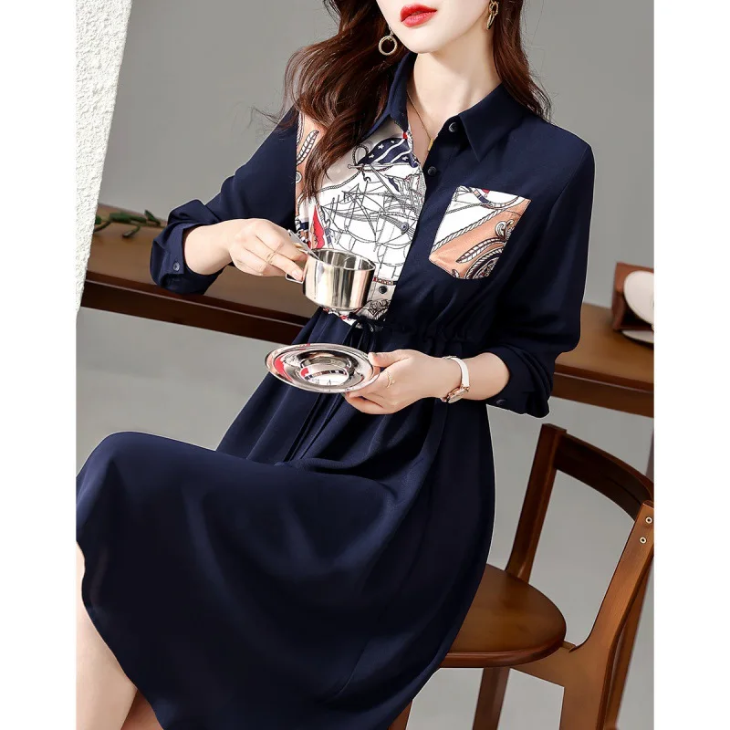 Damski patchworkowy sweter z długim rękawem ze sznurkami, elegancki obrotny kołnierz, damskie sukienki biurowy, jesienna moda, nowy, 2024