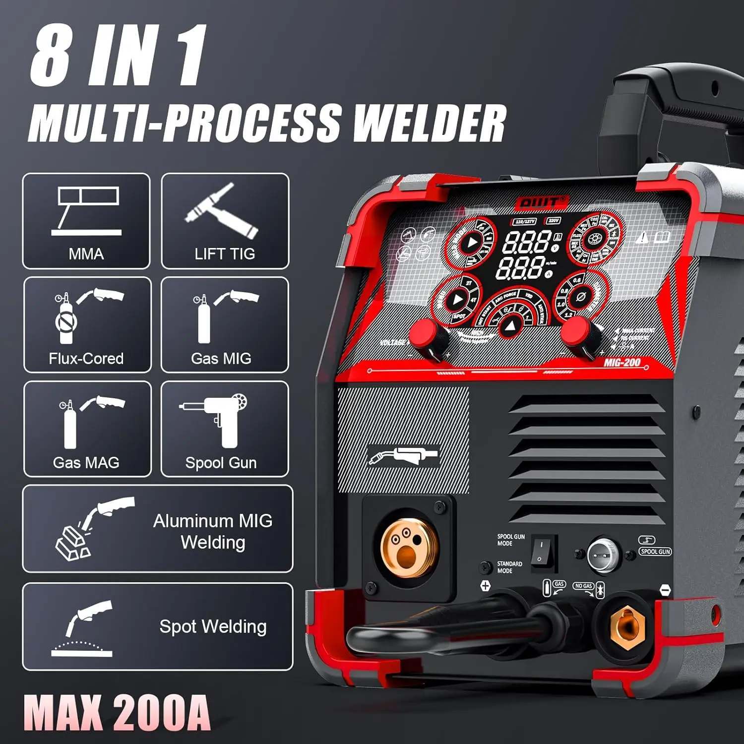 200Amp 8 in 1 Gas MIG/Gasless Flux Core MIG/Stick/Lift TIG/Spot Welding/Spool Gun Aluminum MIG Welder, 110/220V Dual Voltage