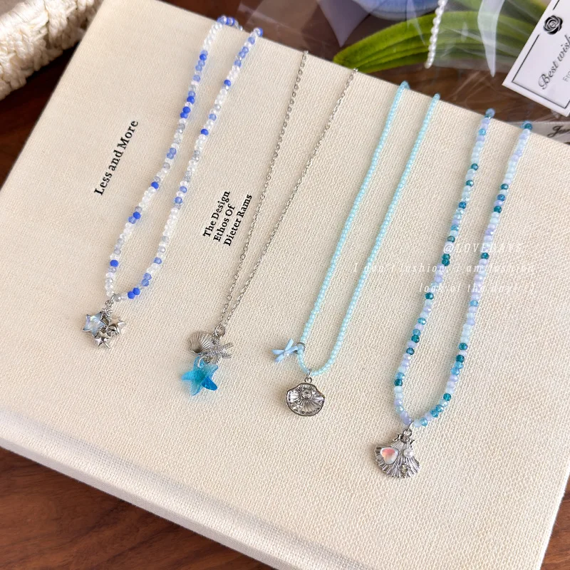 Dopamine Blue Beaded Necklace with Shell and Starfish for Women Summer Island Vacation Tropical Outfit Daily Decoration