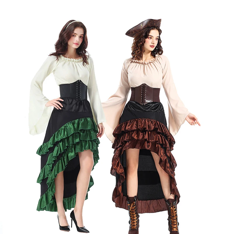

Carnival Halloween Multicolor Lady Pirate Caribbean Elizabeth Costume Asymmetrical Ruffled Skirt Cosplay Fancy Dress Party