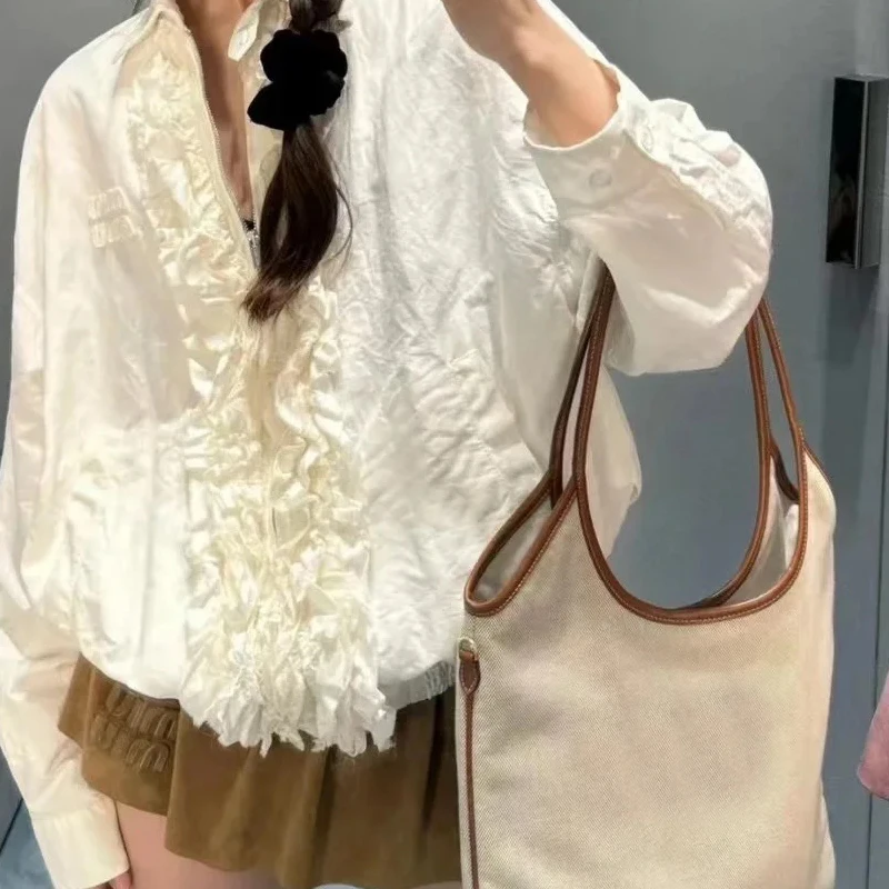 Fashion Large Capacity Underarm Bag Cowhide Leather Simple Casual Canvas Shoulder Bag 2024 New All-match Retro Shopping Tote Bag