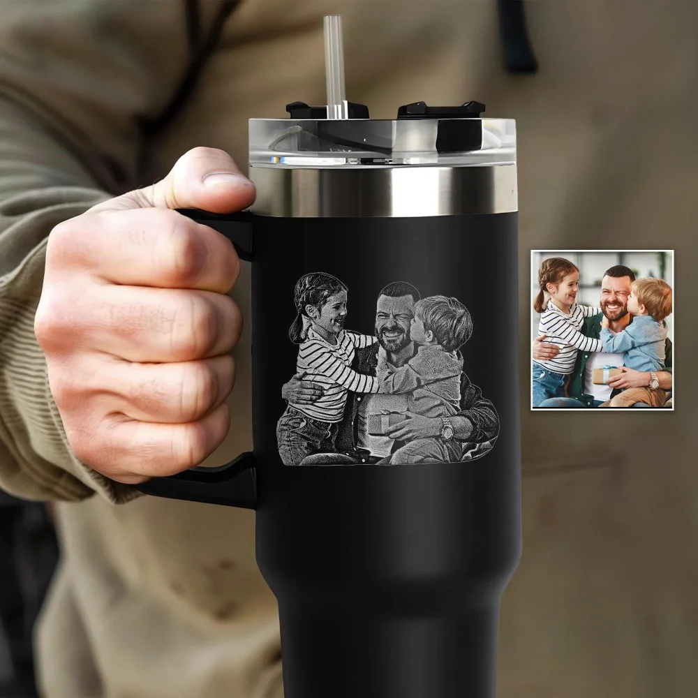 Custom Family Photo 40oz Tumbler With Handle Straw Stainless Steel Insulated Cup Picture Christmas Keepsake Gift For Mom Family