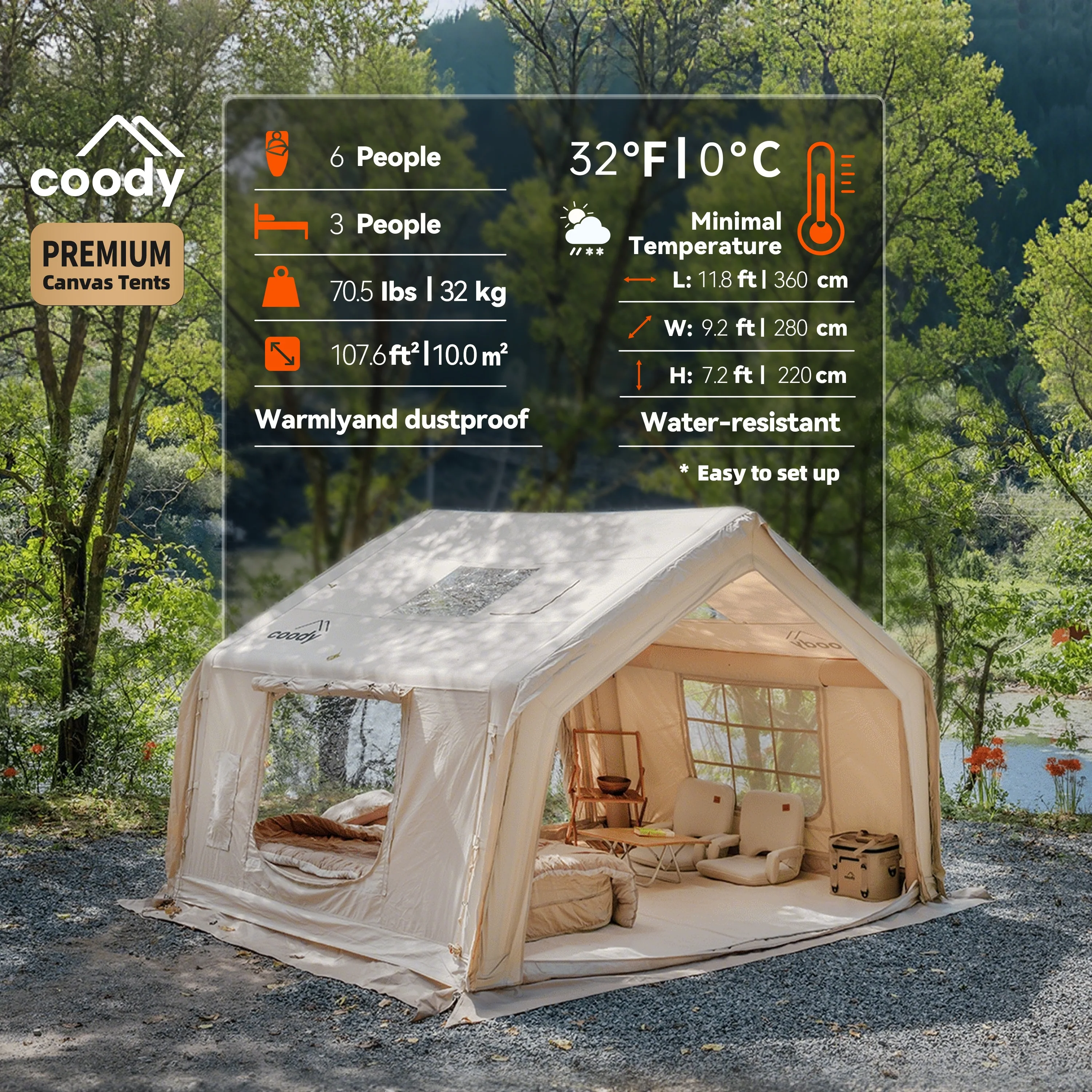 Coody 10.0 Air Tent-Beige 3-6 Person Waterproof Simple Party Cotton Fabric Camping Inflatable TentATV&UTV