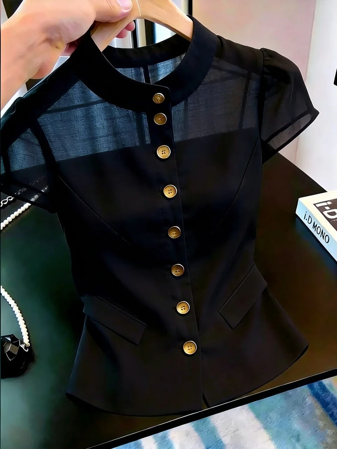 

2026 Summer Design Short Sleeve Single Button Commute Slim Fit Shirt Korean Style round Neck Pure Color Top Women's Silk