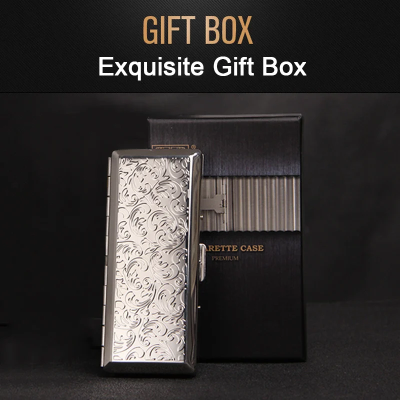 Female Embossed Slim Metal Cigarette Case, Portable, Sealed, Waterproof, Smoking Accessories with Gifts Box, 10-14Pcs