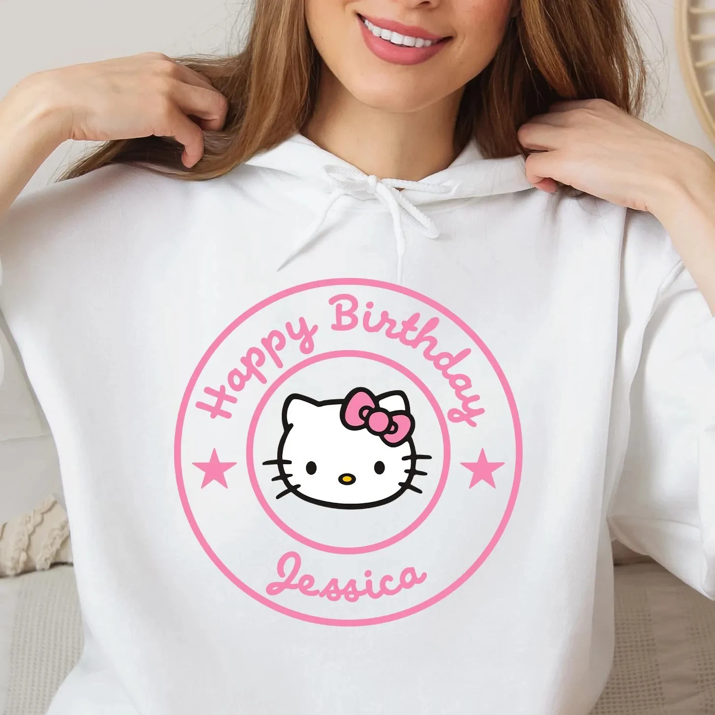 Women Hello Kitty Hoodie Custom Name Happy Birthday Personalized Kawaii Cartoon Hooded Sweatshirt Birthday Gift Tops