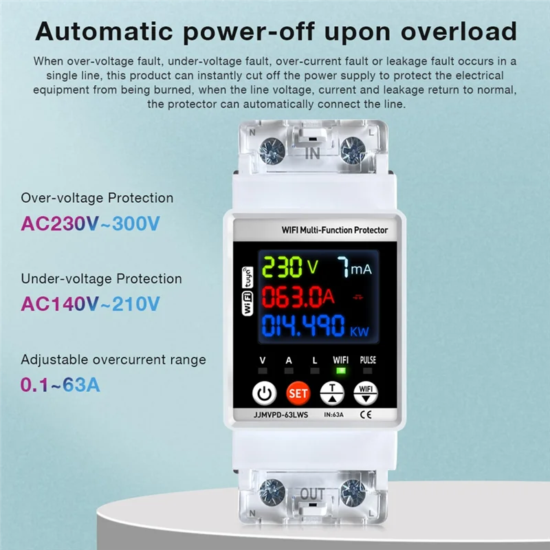 

A92Z Voltage Leakage Current Digital KWH 63A Wifi Smart Power Meter Automatic Reclosing Protector Monitor Controller