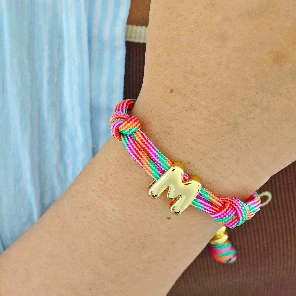 Lateefah Stainless Steel Bubble Letter Customizable Name Bracelet with Colorful Woven Rope New Arrival