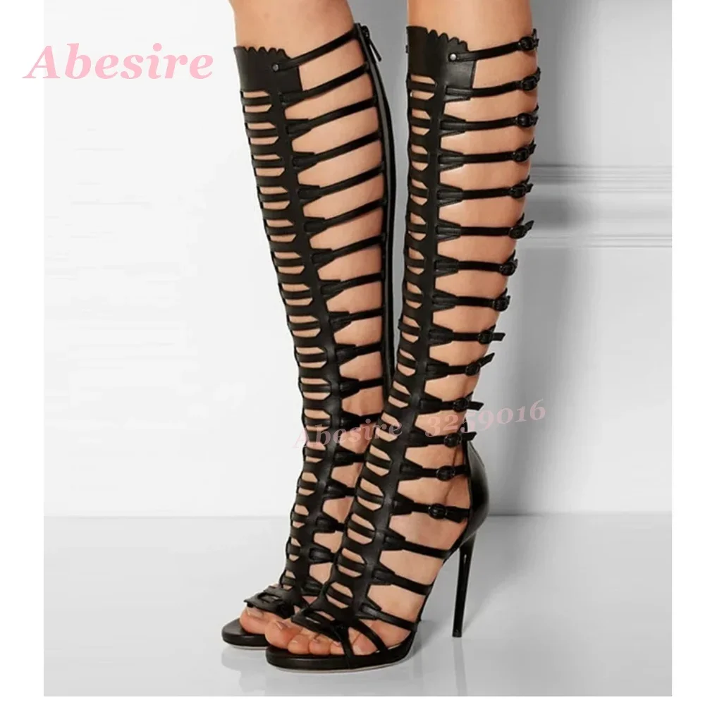 

Черные сандалии-гладиаторы до колена на шпильке с открытым носком, летние сандалии с несколькими пряжками для женщин, новинка 2023 года, роскошь