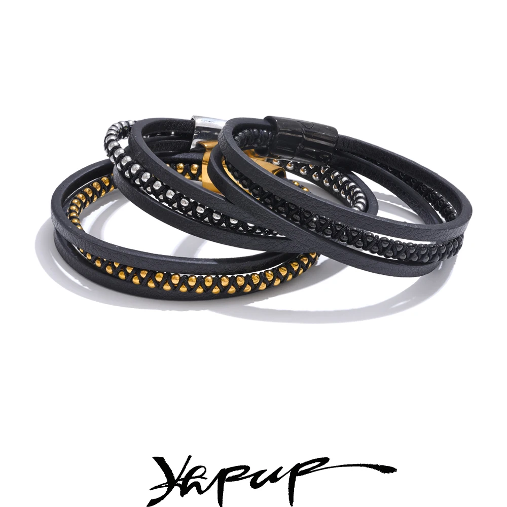 Yhpup 22cm Rope Braided Fiber Leather Layered Men Wrist Bracelet Classic Stainless Steel Vintage Charm Jewelry Accessories
