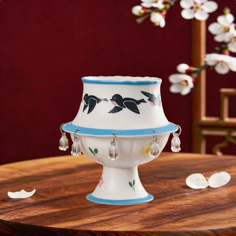 Bird Swallow Print Rotating Ceramic Cup Ornament Revolving Tea Mug Drinking Cup Desktop Decor Fashion Luxurious Household Supply